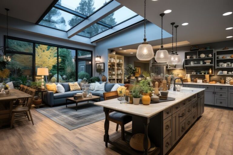 Open-concept kitchen and living room with skylight ceiling, modern design, and natural light