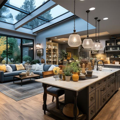 Open remodel with skylight ceiling and kitchen island