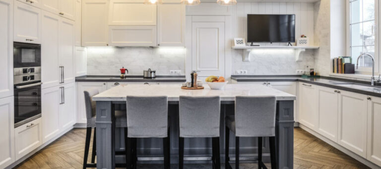 Kitchen remodel with island seating and custom cabinetry
