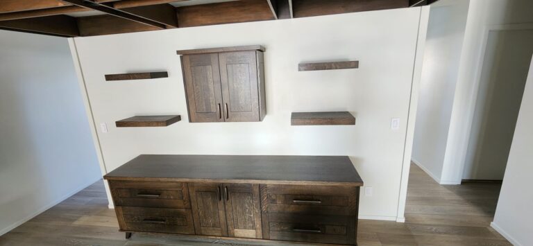 Built-in cabinet with floating shelves and wood finish