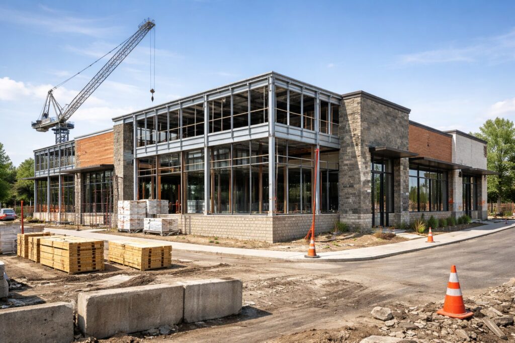 Modern commercial building under construction showing steel framing, concrete base, and crane on a clean, organized job site