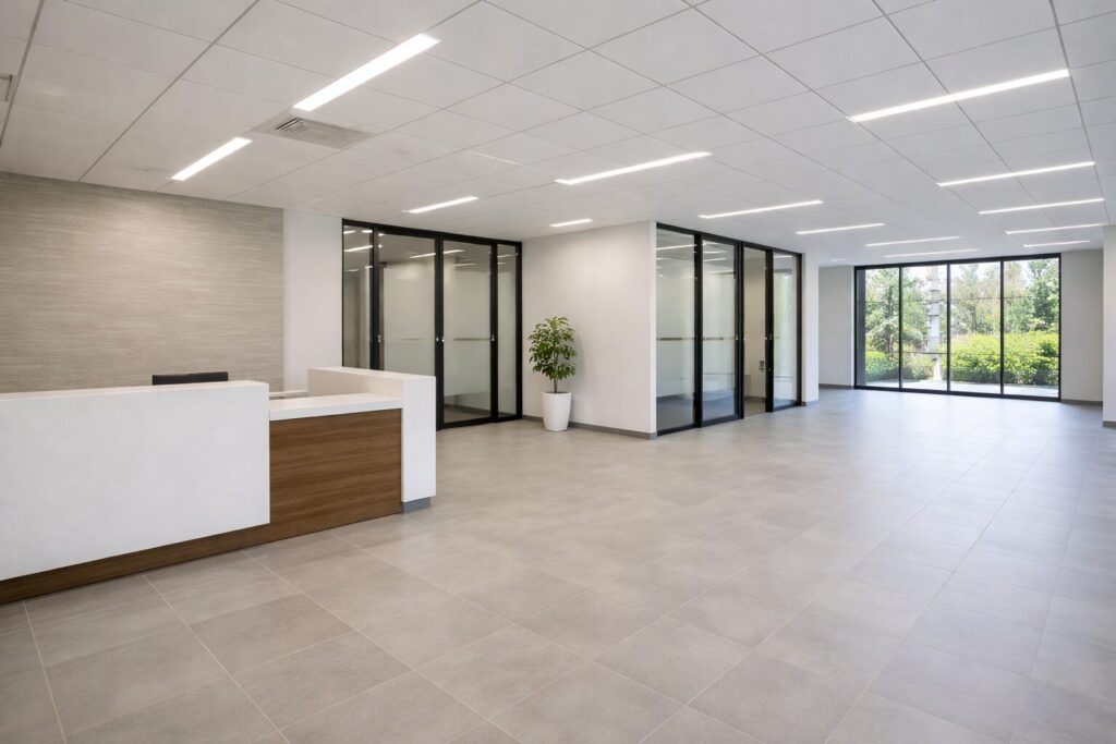 Modern commercial interior fully renovated with clean lines, high-end finishes, and bright natural lighting in a professional workspace