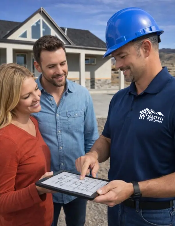 Contractor showing home construction plans to couple outside new house