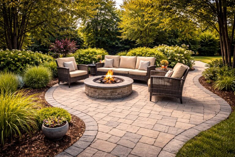 outdoor patio and walkway with decorative concrete design