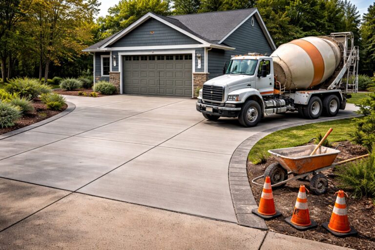 residential driveway installation with smooth concrete finish
