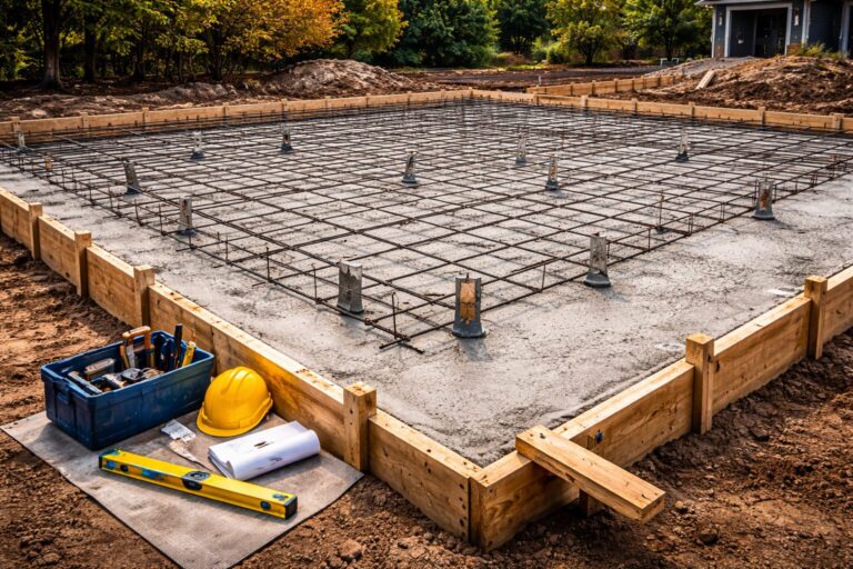 structural concrete slab foundation with reinforced base
