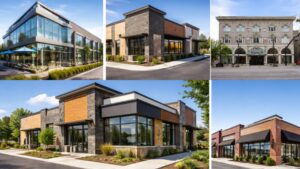 Commercial construction collage featuring newly completed modern retail, office, and mixed-use buildings showcasing professional structural builds and finished exteriors.