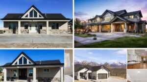 Residential construction collage featuring custom homes and interior remodeling with modern finishes and functional living spaces.