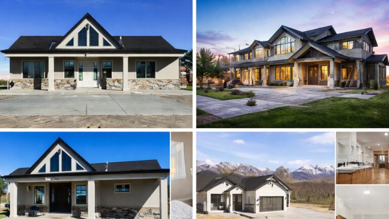 Residential construction collage featuring custom homes and interior remodeling with modern finishes and functional living spaces.